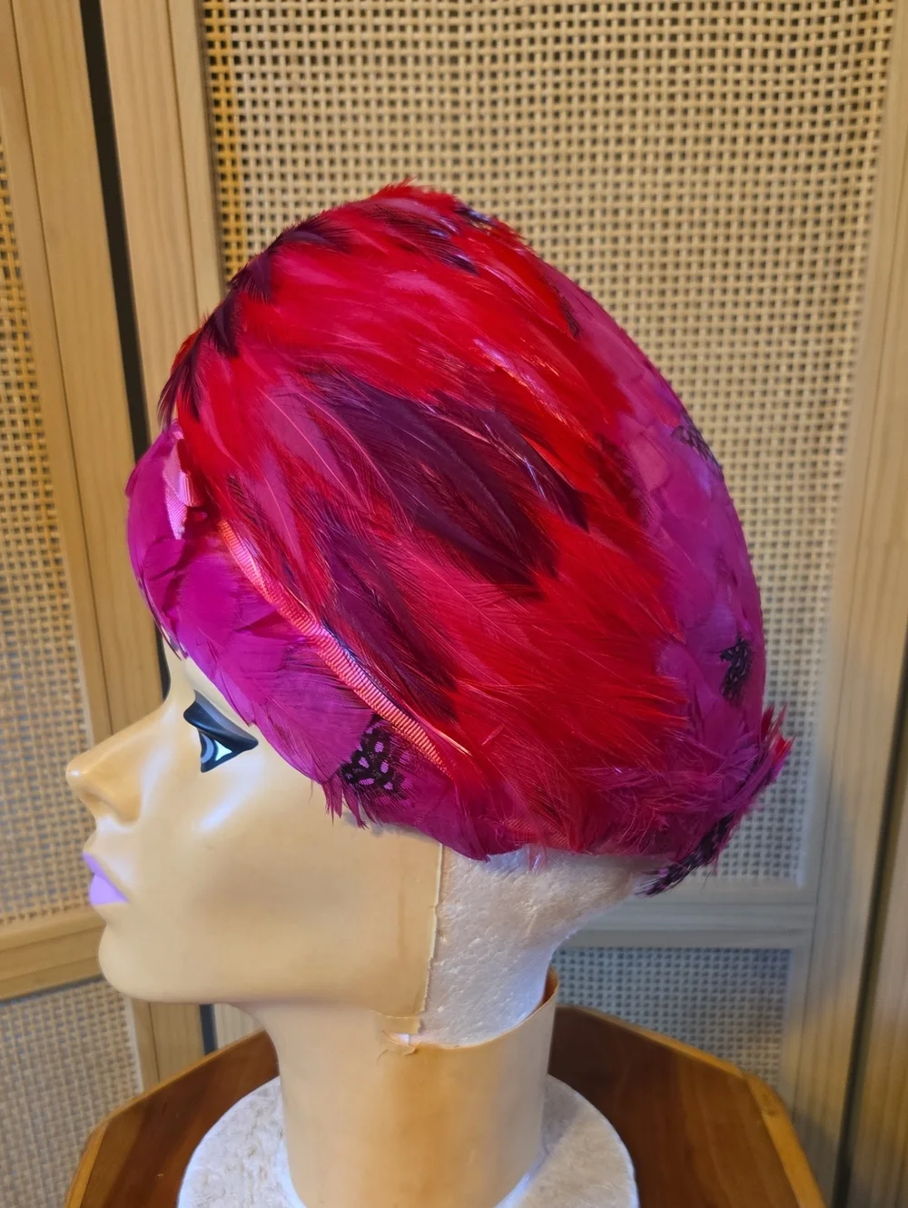 Vintage Feathered Hat Wool- Hot Pink Mid Century Unique